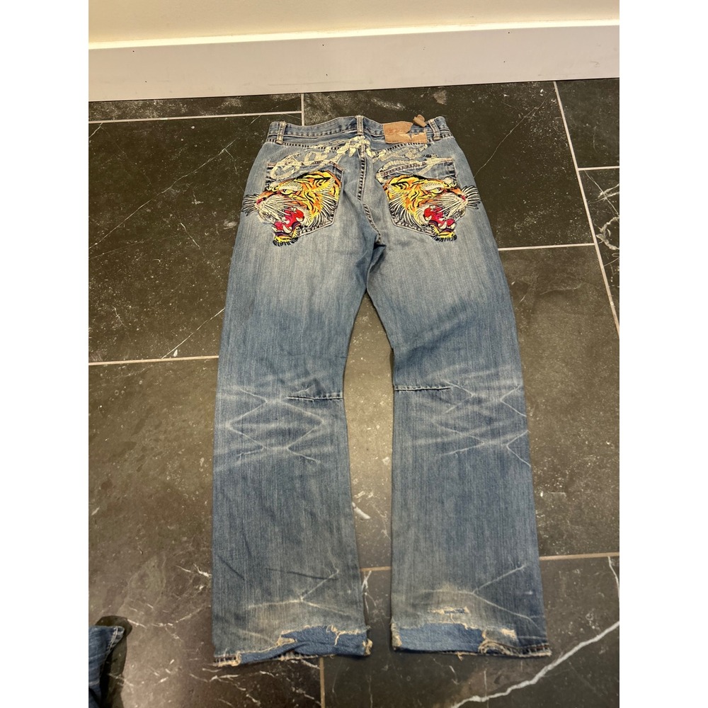 Ed Hardy Christian Audigier Mens Tiger Embroidered Distressed Jeans Blue 33x32